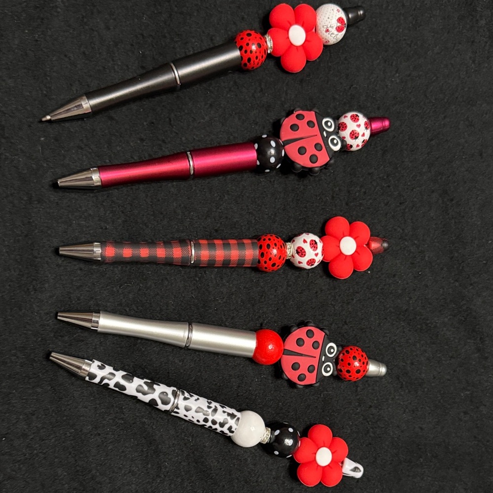 Charming Ladybug and Floral Pens Set of 5- Red, Black, and White - Picture 2 of 2